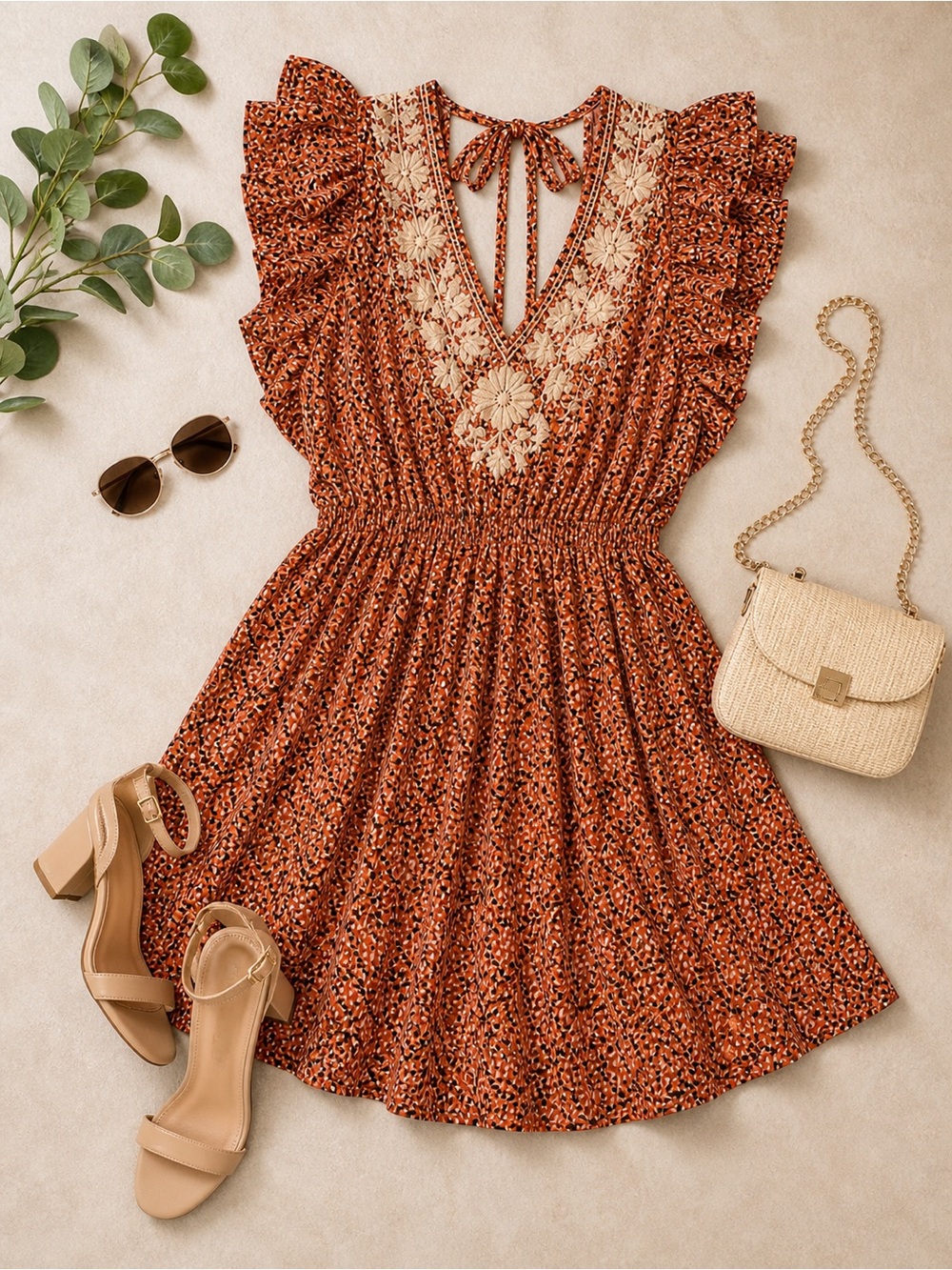 Plus Size 1X Savanna Jane Rust Floral Backless Ruffle Boho Dress|Lace Detail